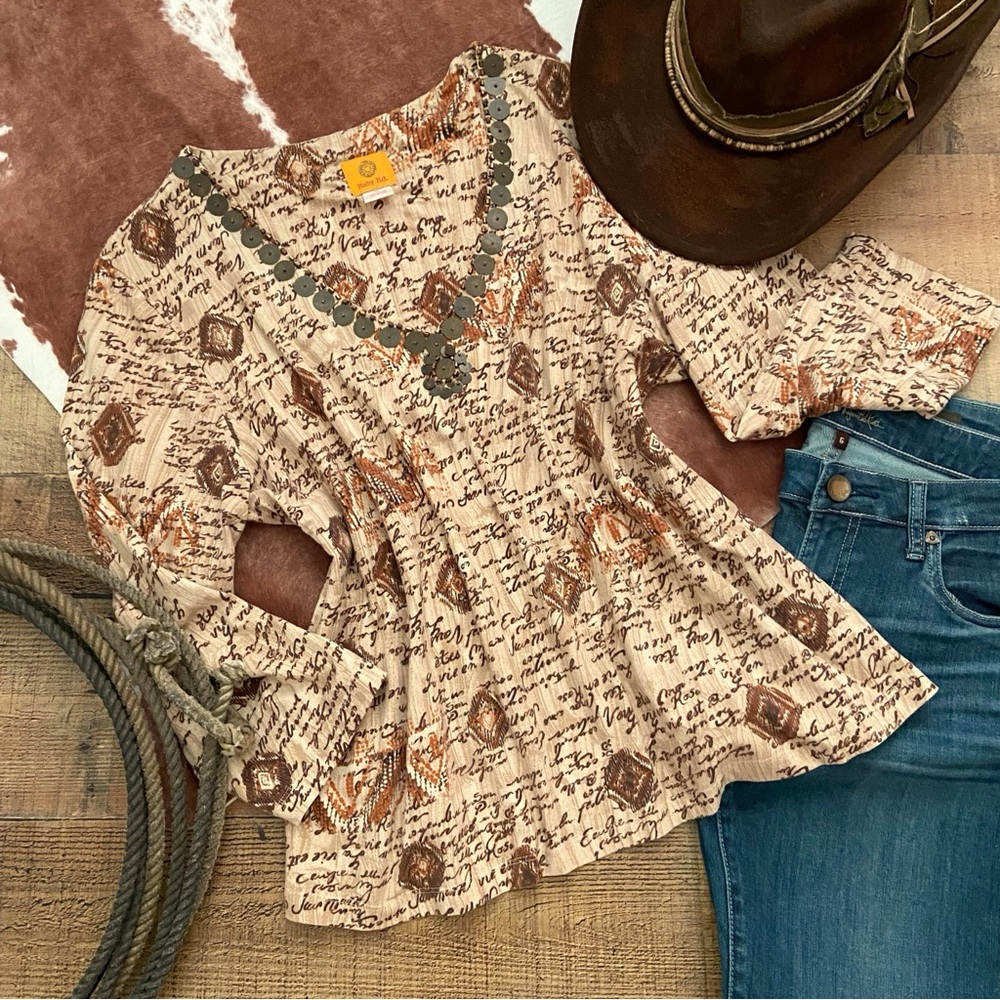 Western Vibe V-Neck Blouse with Metal Embellished Neckline